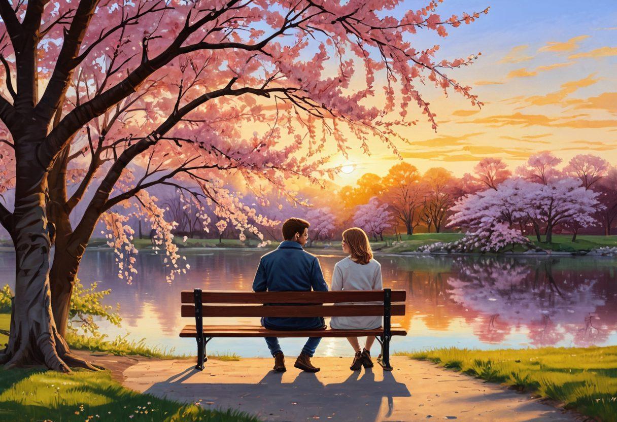 A loving couple sitting on a charming park bench, holding hands and gazing into each other's eyes with a gentle smile. The scene is set during golden hour with warm, soft sunlight casting a magical glow. In the background, a canopy of blossoming cherry trees and a serene pond create a tranquil atmosphere symbolizing everlasting connection and harmony. painting. vibrant colors.