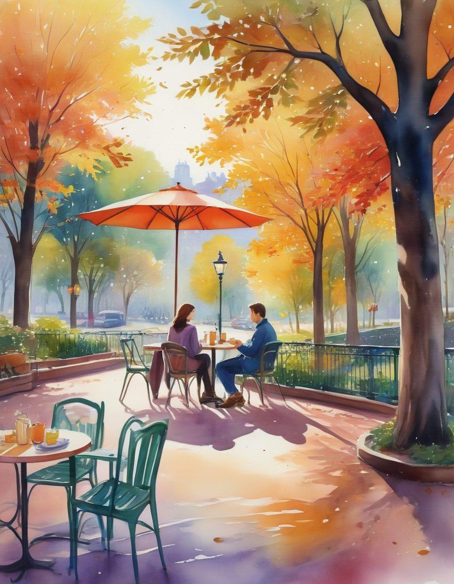 A romantic scene featuring a couple on their first date in a cozy café, transitioning into an older version of the same couple walking hand-in-hand in a beautiful park, symbolizing the journey from initial attraction to deep emotional intimacy. Background elements showcasing changing seasons to represent passage of time. watercolor painting. vibrant colors. warm and inviting atmosphere.