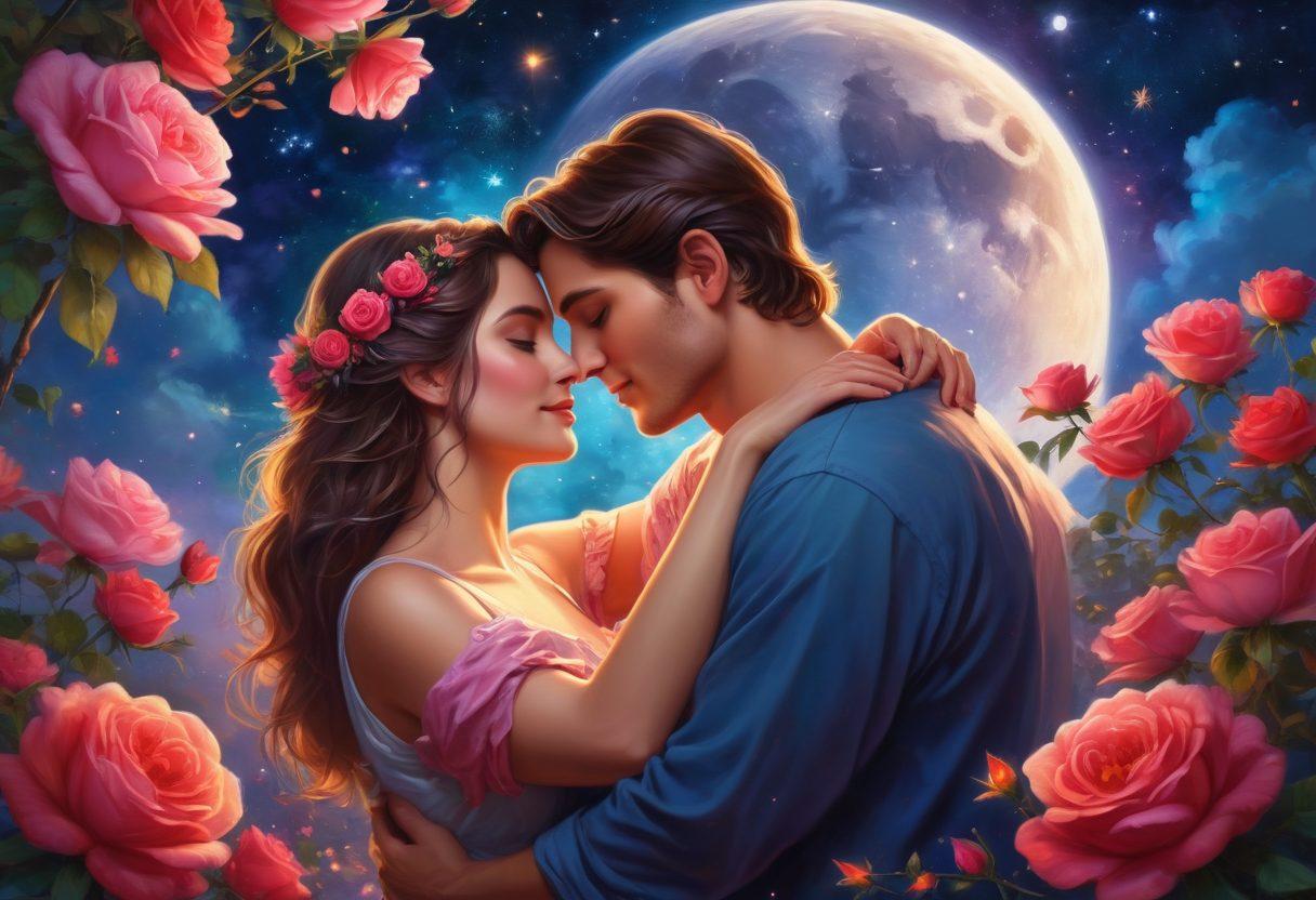 A romantic couple embracing under a moonlit sky, with a backdrop of vibrant, blooming roses and twinkling stars. The couple shares an intimate moment, surrounded by symbols of love such as hearts and Cupid arrows. The image should convey warmth, passion, and connection. painting. vibrant colors.